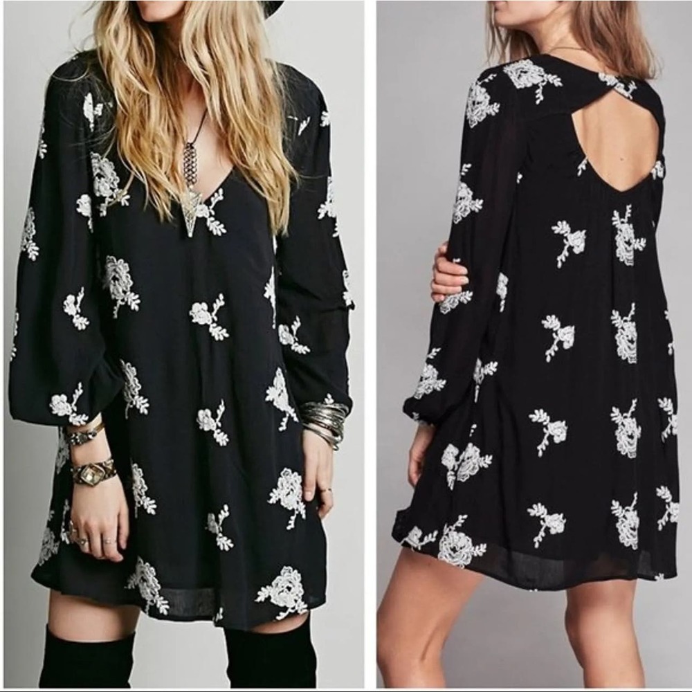 Free People Size M Embroidered Austin Black White Floral Cut Out Mini Dress